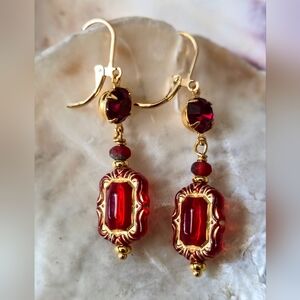 Victorian Red Ornate & Swarovski Ruby Crystal In Gold Plated Earrings